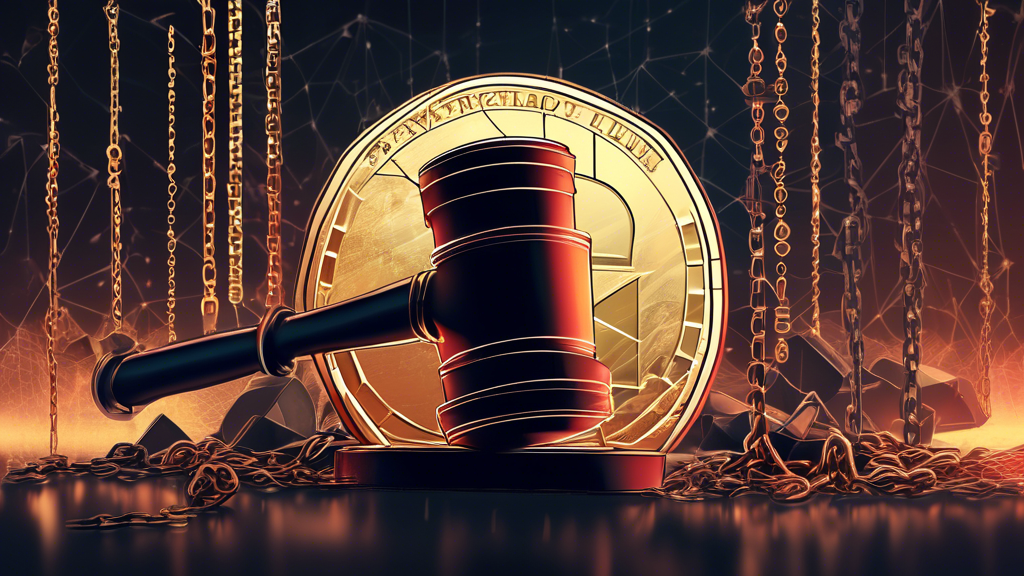 A digital illustration depicting the decline of FTX Crypto, featuring imagery related to regulatory challenges, scandals, and negative investor sentiment. Show a visually striking contrast between the initial success and the subsequent downfall, using darker tones and symbols like broken chains, gavel striking, and falling charts to convey the controversies and loss of trust. Keywords: FTX Crypto, regulatory issues, scandals, investor confidence.