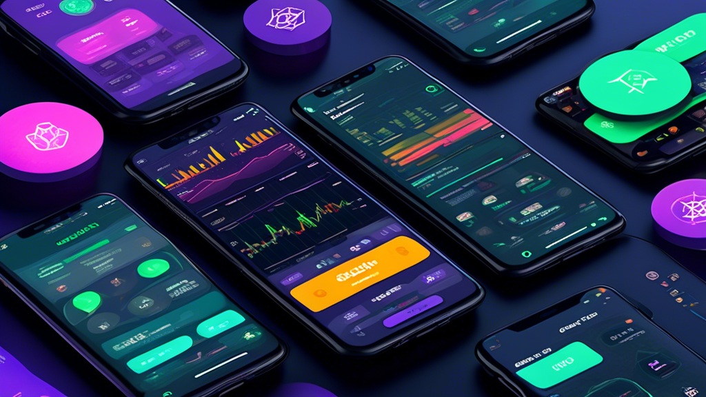 Create an image illustrating a detailed comparison of top crypto trading apps. Show a modern, digitally-themed interface with multiple smartphones and tablets displaying different crypto trading apps side by side. Include visual elements like user reviews, fee charts, and user-friendly interfaces on the devices. Highlight standout features or innovations within the apps using vibrant colors and pop-out text elements. Background should be high-tech and sleek, emphasizing the advanced and competitive nature of the crypto trading market.