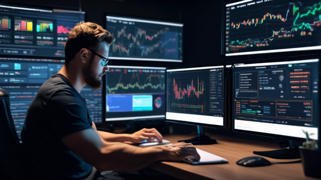 Create a DALL-E prompt based on outline point #3 from the provided article:

An image showing a crypto trader sitting at a desk with multiple screens displaying a sophisticated trading app. The screens should show various features like real-time alerts, detailed charts, and analytical tools. The background should include subtle references to successful case studies, perhaps through framed articles or graphs showing upward trends, symbolizing the idea of maximizing gains with the best crypto trading app.