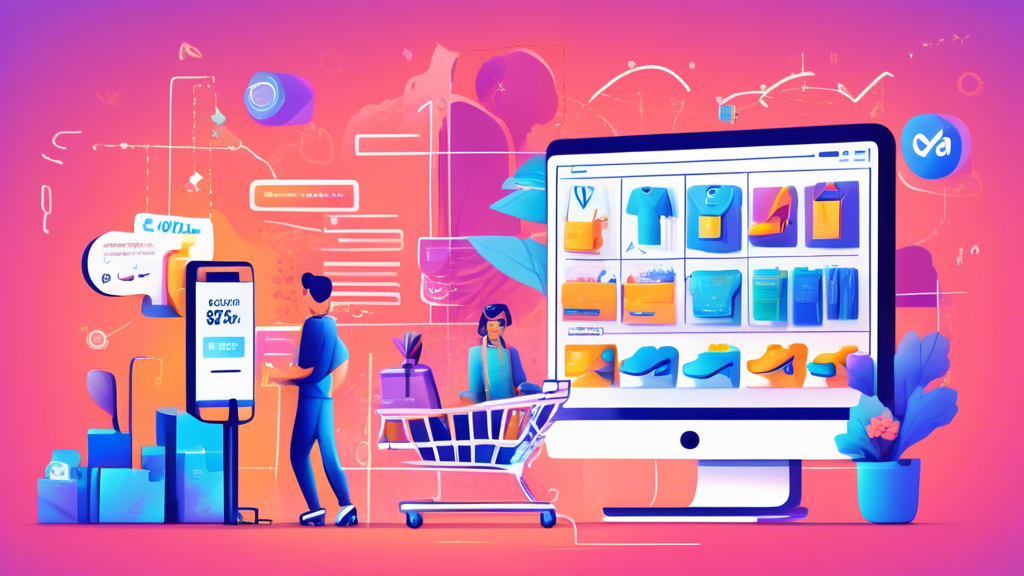 A vibrant illustration showcasing a bustling online store setup through Shopify, highlighting elements of dropshipping like product listings, shopping cart, and a seamless checkout process. In the background, include visual analytics like sales graphs and marketing strategies such as SEO optimizations, social media posts, and email campaign drafts. The scene should evoke a sense of entrepreneurial success and busy online commerce.