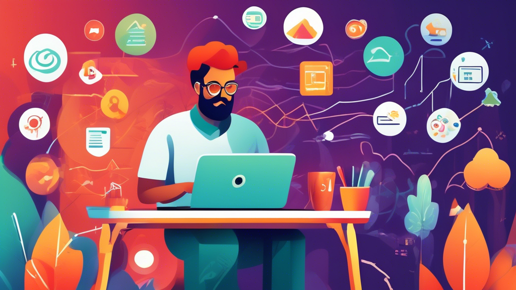 A dynamic and vibrant image of a person working on a laptop from home with multiple icons floating around them representing different online income streams such as affiliate marketing, digital products (e-books, online courses), and passive income sources (stocks, real estate). The background includes elements like a chart showing rising profits, indicating growth in income. Include subtle indicators of a cozy and efficient home office setup.