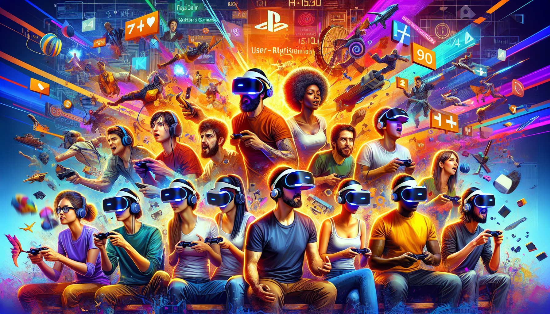 Create a high-energy image showcasing a diverse group of people wearing PlayStation 4 VR headsets, deeply immersed in various top-rated VR games. The scene should feature vibrant and dynamic elements from different game genres like action, puzzle, and adventure, capturing the excitement and engagement of the players. Include visual hints of user ratings and game recommendations subtly integrated into the background, adding depth to the narrative of top PlayStation 4 VR games.