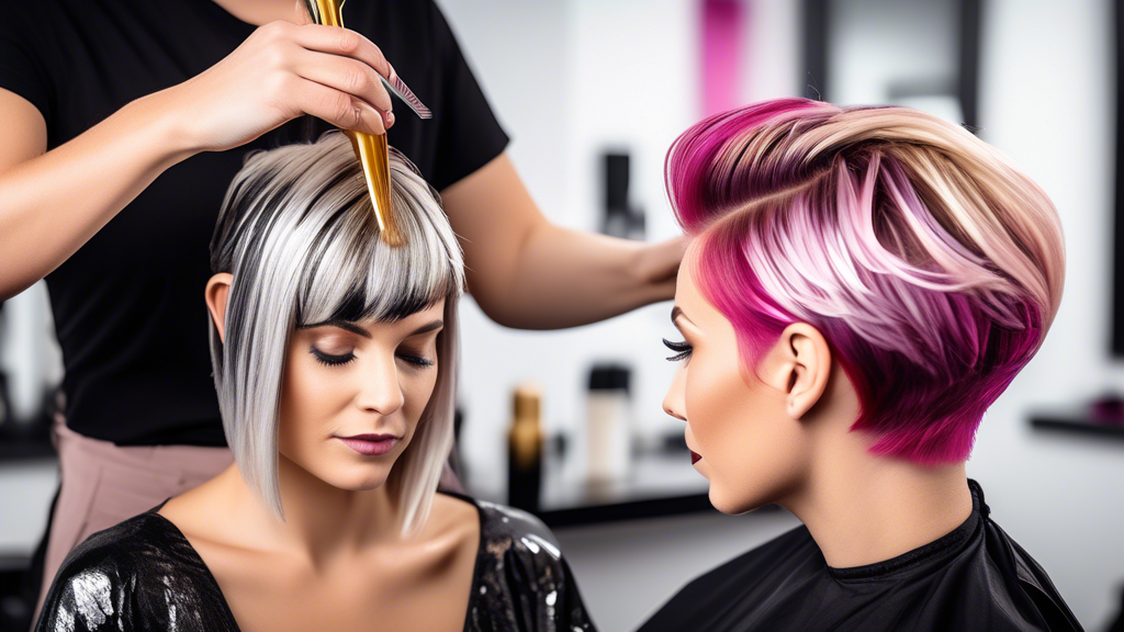 Create a vibrant image of a hairstylist in a modern salon meticulously applying accent foil highlights to a client