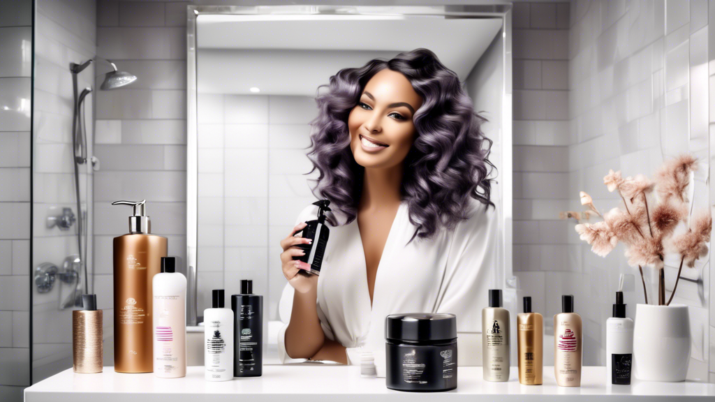 Create an image of a woman with beautifully maintained accent foil highlights, holding a bottle of recommended hair care product. The background features a chic, modern bathroom setting, showcasing various hair care products and tools neatly arranged on the counter. The woman