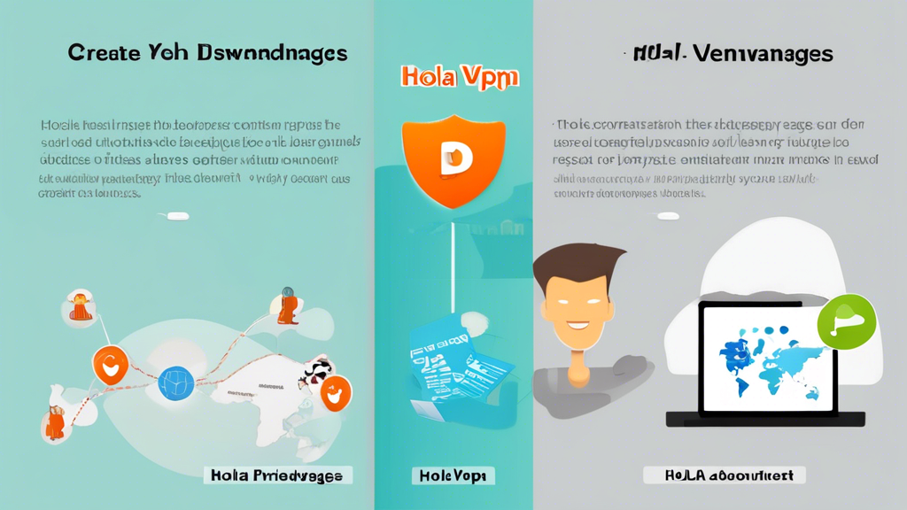 Create an image that visually represents the comparison between the advantages and disadvantages of using Hola VPN. On one side, depict the benefits such as enhanced internet privacy, access to geo-restricted content, and ease of use. On the other side, show potential drawbacks like privacy concerns, limited server locations, and slower speeds, possibly with a slight visual representation of controversies. Use a balanced, split-screen format with contrasting colors to distinguish the pros from the cons.
