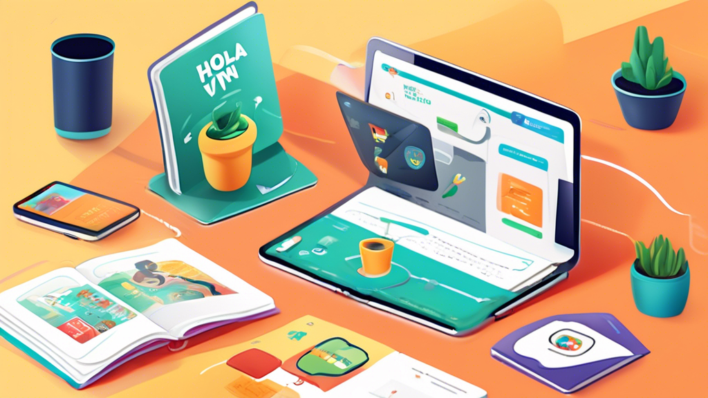 Create an image showing a friendly, illustrated guidebook titled Getting Started with Hola VPN lying open on a desk. The book