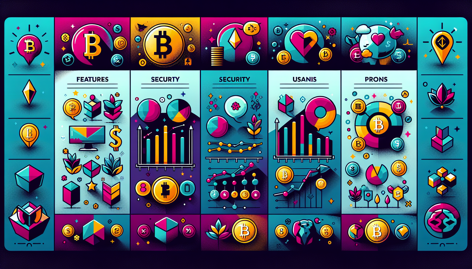 A detailed table comparing popular digital currencies in 2023, showcasing their features, security measures, usability, pros and cons, and user adoption charts. The design should include icons for each currency, clear and concise text, and visually appealing graphics to illustrate market performance.