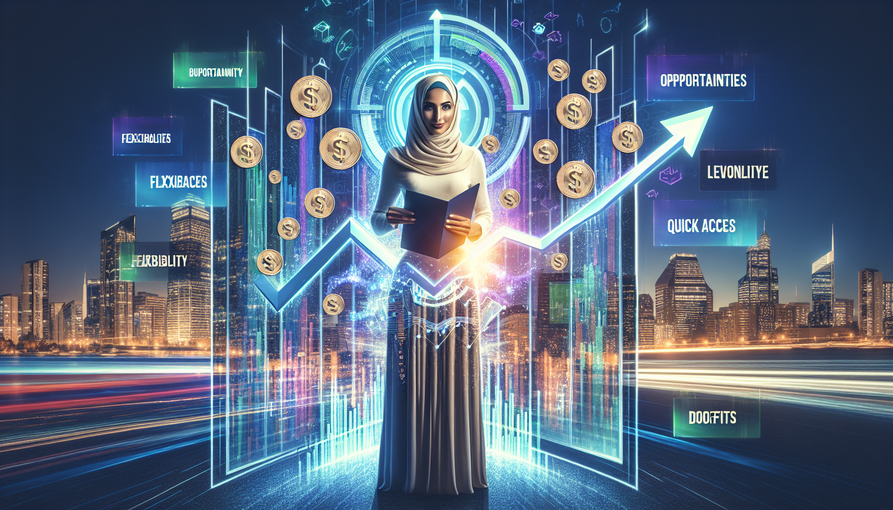 Create an illustration that shows a confident investor standing in front of a city skyline filled with tall, modern buildings, holding a stock market chart and an upward-trending graph with a dollar sign. The investor is surrounded by symbols of increased buying power: stacks of coins, a large Leverage arrow boosting their height, and multiple doors labeled Market Opportunities opening around them. Depict a shining light on the words Flexibility and Quick Access to emphasize the benefits. The background should feature a fast-paced, optimistic atmosphere to convey potential growth and quick decision-making.