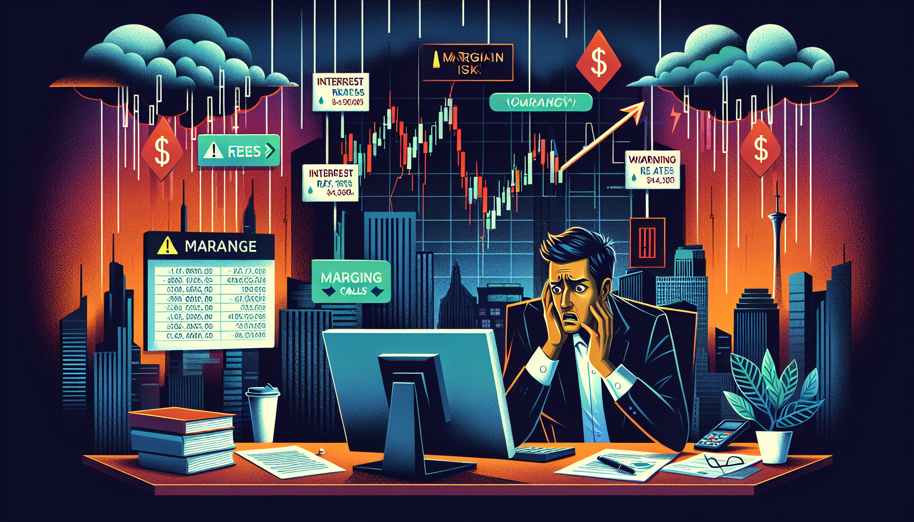 Prompt for DALL-E:

Create an image illustrating the risks associated with a margin brokerage account. Depict an investor anxiously facing a computer screen displaying a downward stock market trend, with warning alerts about margin calls. Include visual elements such as dollar signs with minus symbols, a bar chart showing steep declines, and documents with bold text highlighting 