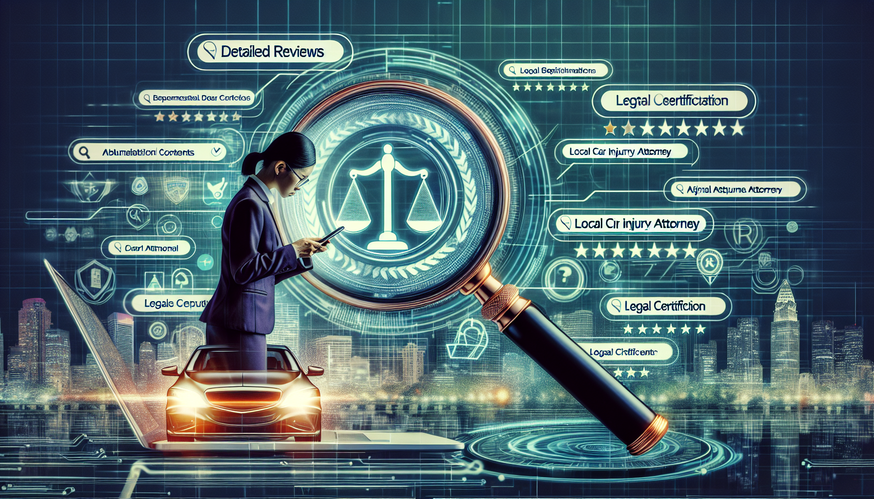 An image depicting a person engaging with multiple cutting-edge digital tools and resources, such as laptops, smartphones, and legal documents, each showing detailed search interfaces, reviews, and legal certification symbols, to symbolize researching and vetting a local car injury attorney. The background subtly incorporates a cityscape indicative of the searcher