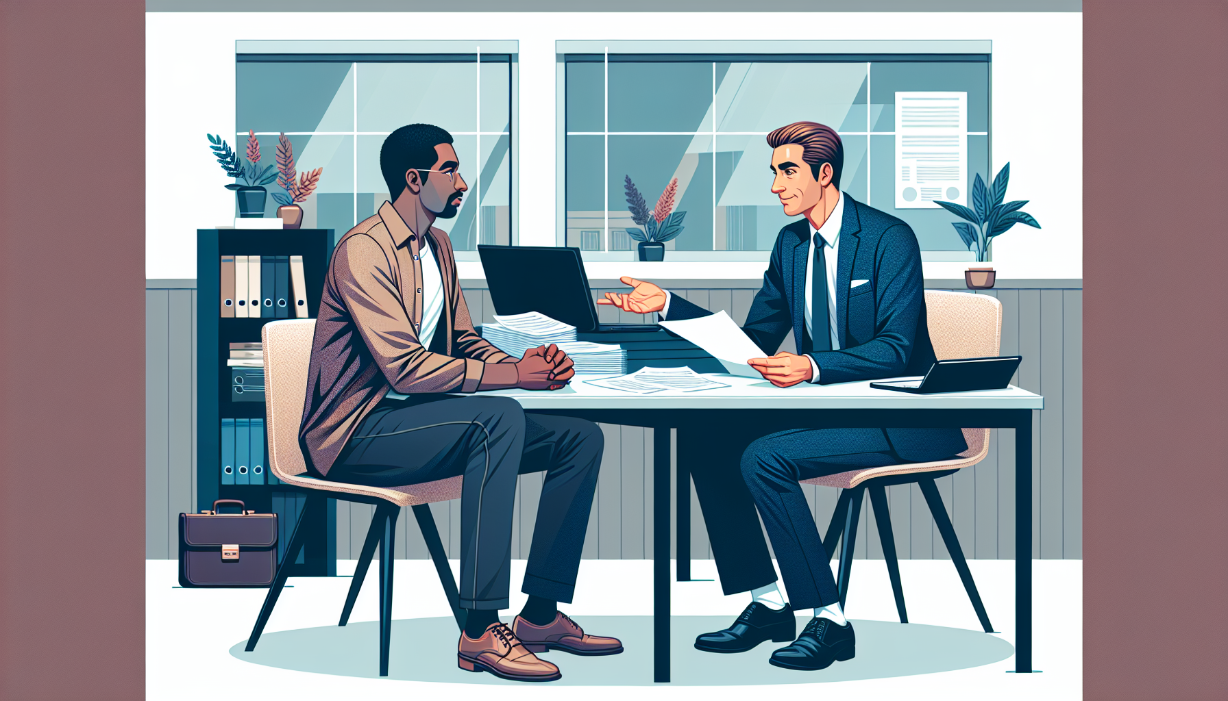 Client sitting in an office discussing with a car injury attorney near me, surrounded by legal documents and a laptop, inquiring about fees, case handling strategies, and communication methods during an initial consultation.