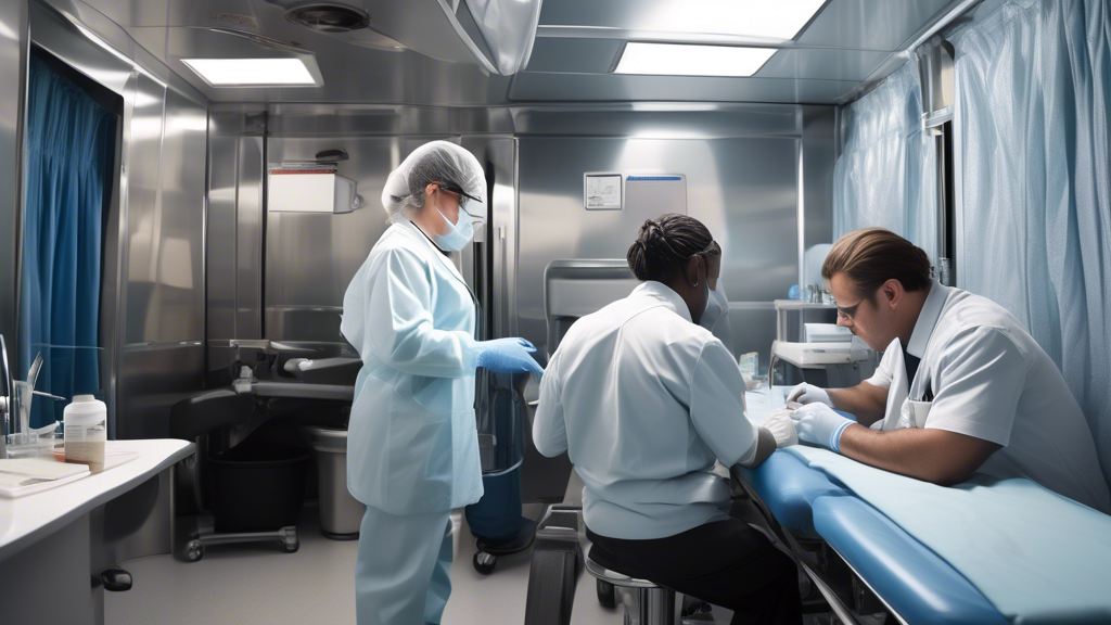 Create an image of a DOT certified medical examiner conducting a thorough medical examination on a commercial truck driver in a well-equipped clinic. The scene should show various medical instruments, a clean and organized environment, and charts or posters related to transportation health standards on the walls. The medical examiner should be professionally dressed, focusing intently on the examination, while the truck driver appears attentive and cooperative. The background could subtly include elements that suggest a positive impact on road safety, like a poster showing a decrease in accident rates due to medical examinations.