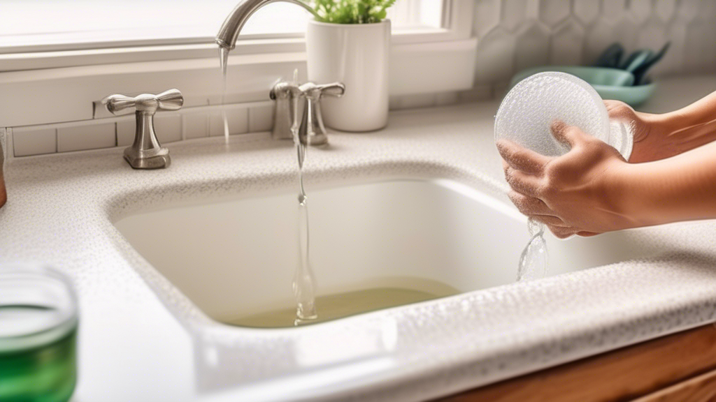 Create an image showcasing a homeowner in a well-maintained kitchen or bathroom successfully using DIY methods to unclog a drain. Show the use of baking soda, vinegar, a plunger, and boiling water, arranged neatly on the counter. The scene should be bright and optimistic, emphasizing the ease and effectiveness of these home remedies for clogged drain repair near me.