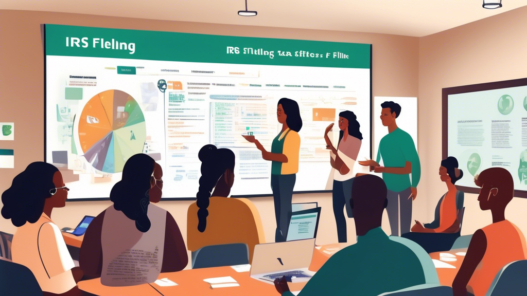 Prompt: Illustrate a diverse group of people of different ages and ethnicities gathered around a large seminar table, intently listening to a financial advisor who is pointing to a digital screen displaying the IRS Free File logo and other tax software options. The setting is a modern, well-lit community center. Each person is looking at pamphlets titled 