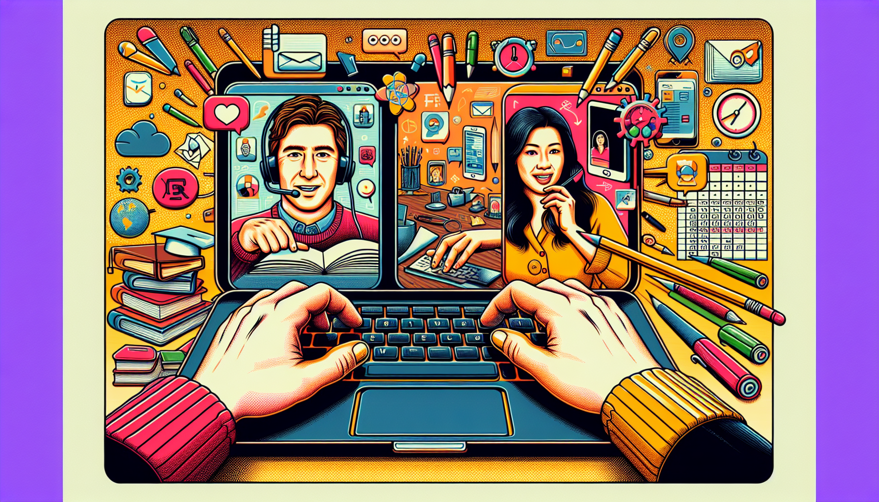 Create an image that showcases the most popular remote side hustles to start today. The scene includes a laptop screen divided into three sections: one depicting a person writing content for a blog, another showing someone tutoring a student online via video call, and the third section featuring a virtual assistant organizing tasks and scheduling appointments. The background elements should include icons or graphics such as pens, books, calendars, and communication symbols to highlight various aspects of freelance writing, online tutoring, and virtual assistance.