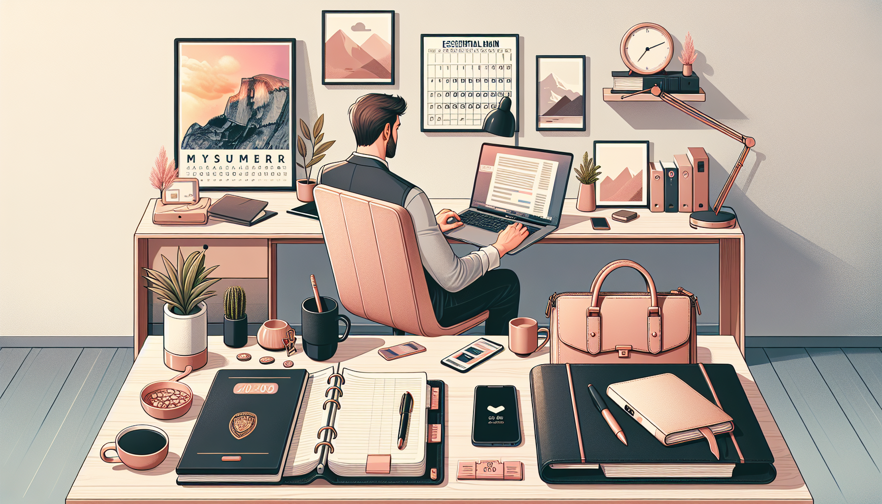 Create an image showing a person working on their laptop in a cozy home office or a coffee shop setting. Surround them with items that symbolize productivity and success: a neatly arranged planner or calendar, a smartphone with notifications about meetings or deadlines, a motivational poster on the wall, and a well-organized desk with essential tools like headphones, pens, and a notepad. The background should include subtle hints of a busy main job, such as a briefcase or work-related documents, illustrating the balance of a side hustle with a full-time job. 

Keyword: remote side hustles.