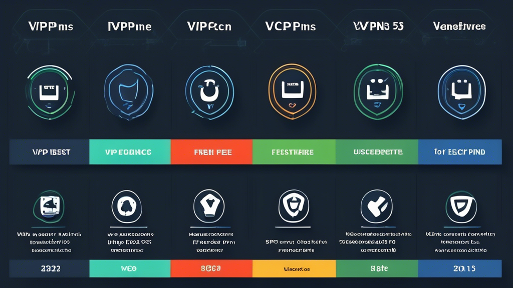A detailed comparison chart showing the top 5 best free VPNs available for PC in 2023, with each VPN represented by its logo. The chart should include columns for features, limitations, security levels, and user ratings. The background should subtly incorporate elements of digital security, such as padlocks, shields, or secure connections, to emphasize the importance of VPNs.