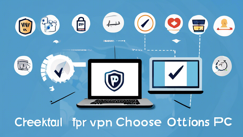 Create an image that visually represents Essential Tips for Choosing the Best Free VPN for PC. The image should include a computer screen displaying various VPN options with checkmarks or stars indicating important criteria like security, speed, and data limits. Surrounding the computer, incorporate icons representing these factors: a shield for security, a speedometer for speed, and a data meter for data limits. Include a balance scale showing the comparison between free and paid VPNs to emphasize their differences.