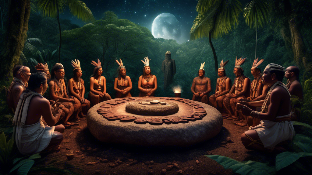 An artistic depiction of an ancient Maya ritual involving ceremonial cacao, showing priests in traditional attire conducting a sacred ceremony around a large stone table adorned with cacao beans and ritualistic carvings, in a lush Central American rainforest setting under a starry sky.