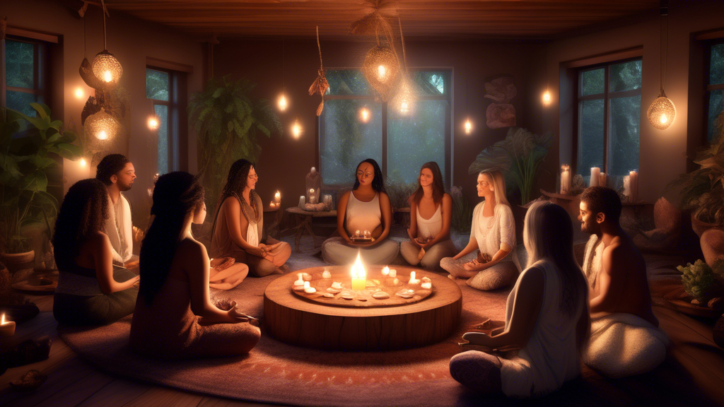 Modern spiritual gathering with people participating in a ceremonial cacao session inside a cozy, warmly-lit room with bohemian decor, showing individuals in a circle, meditating and sharing cups of cacao, with a serene and peaceful ambiance highlighted by soft candlelight and natural elements like plants and crystals around them.