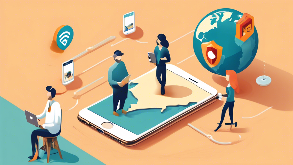 Create an image that depicts the key benefits of using a VPN for iPhone by showcasing the following elements: an iPhone connected to a public Wi-Fi network in a café, a globe with location pins to illustrate bypassing geographic restrictions, and a shield icon representing enhanced privacy and security. The image should convey a sense of protection, freedom, and anonymity.