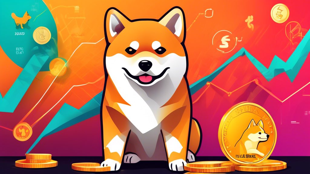 Create an image depicting the market performance and growth of Shiba Inu Coin. It should include a digital graph showing a rising trend line, images of Shiba Inu dogs, social media icons like Twitter and Instagram in the background, and a celebrity figure holding a Shiba Inu Coin. The colors should be vibrant to capture the excitement and energy surrounding its growth.