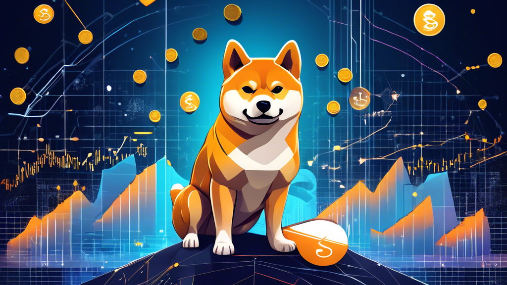 Create an image depicting the future outlook of Shiba Inu Coin, highlighting both challenges and opportunities. Show a dynamic scene with a Shiba Inu dog confidently navigating a futuristic cryptocurrency landscape filled with digital coin symbols and data charts. Incorporate elements that symbolize market volatility, such as fluctuating graphs, and regulatory scrutiny, like magnifying glasses or gavel icons. At the same time, include visuals representing potential growth and integration in the broader cryptocurrency ecosystem, such as interconnected blockchain networks and forward-looking experts discussing developments. Make the overall tone both cautiously optimistic and innovative.