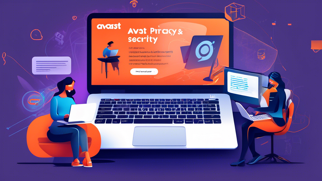 Create an image depicting Avast Online Security & Privacy in action: 

*Show a digital illustration of a laptop screen with the Avast interface open, highlighting features like anti-phishing, anti-tracking, VPN services, and data anonymization. In the background, represent real-world online threats such as phishing emails, tracking codes, and unsecured Wi-Fi networks being blocked or neutralized by Avast