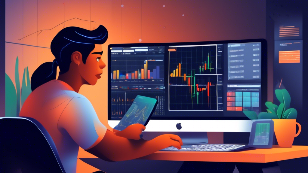 Create a DALL-E prompt for an image:

An illustration of a beginner trader sitting at a desk using a computer with the Luno trading platform open. The scene includes visual elements like stock charts for fundamental and technical analysis on the screen, notes or sticky pads highlighting risk management practices, and a checklist showing common mistakes to avoid. The background features a calm and organized setup, with soft ambient lighting to give a focused and studious atmosphere, representing essential tips and strategies for successful Luno trading.