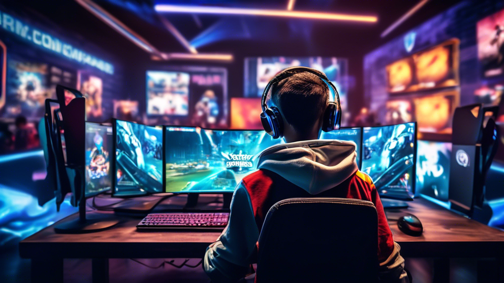 Create an image that showcases a young gamer using a computer to research the best local esports teams. The backdrop should include various online search engine screens, social media pages, gaming forums, and community board postings related to esports. Surround the computer, there should be vibrant visuals of local gaming hubs, arcades, and esports centers, depicting them as exciting and lively places to visit.
