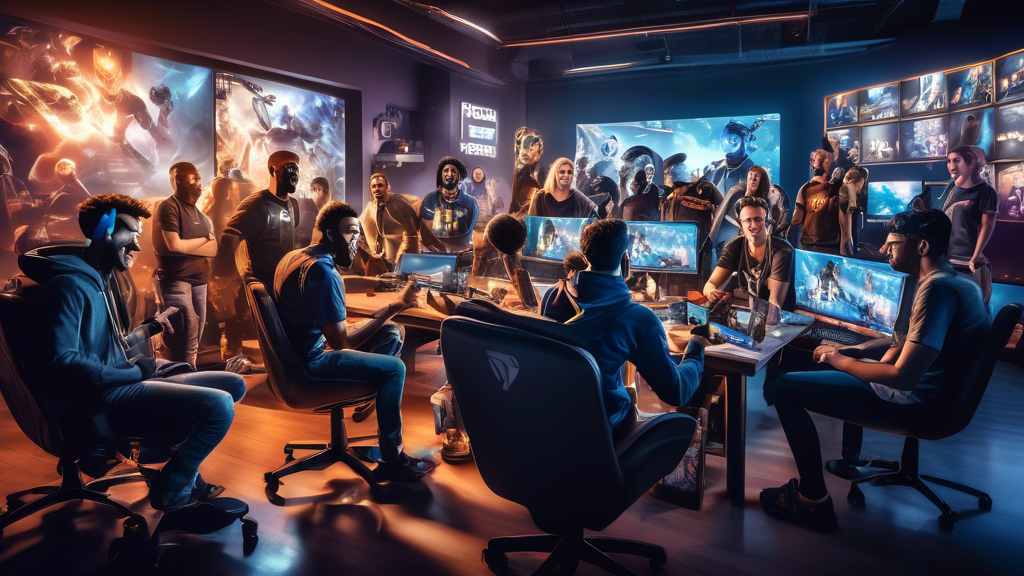 Create an image of a diverse group of gamers excitedly gathered in a modern, well-lit gaming lounge. Some are engaging in competitive video games on high-end PCs, while others are in a meeting discussing strategies and plans. The background shows team banners, trophies, and gaming gear, with an overlay of a social media feed depicting new messages and friend requests. The atmosphere should be vibrant and energetic, emphasizing the community spirit and engagement that comes with joining local esports teams.