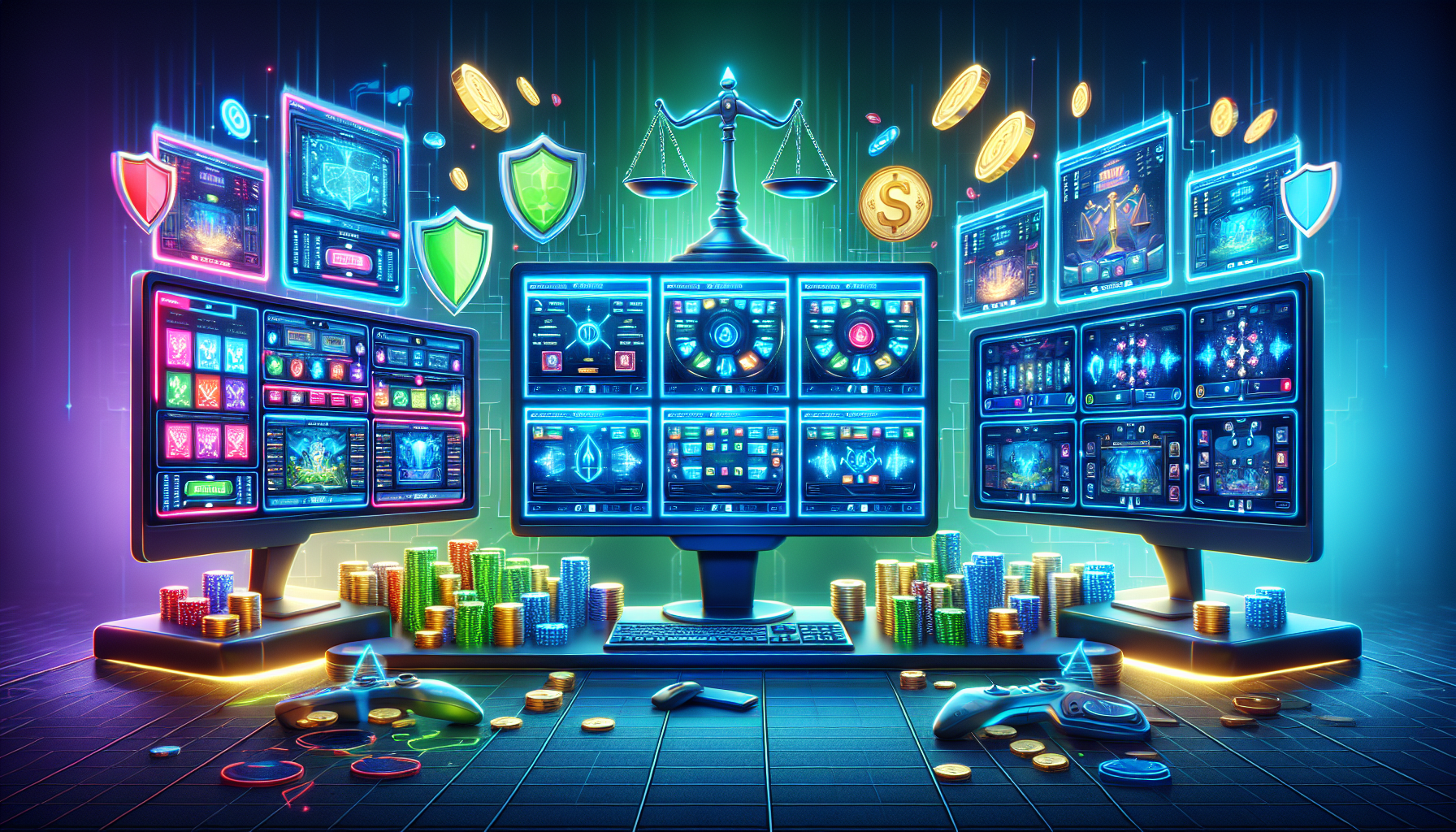 A digital illustration showcasing a comparison between CSGORoll.com and other similar online gambling platforms. The image should feature multiple websites on separate monitors, highlighting their logos and user interfaces. In the background, include symbolic elements of responsible gambling such as a scale balancing money and a shield representing user protection. Add soft blue and green tones to evoke a sense of safety and responsibility.