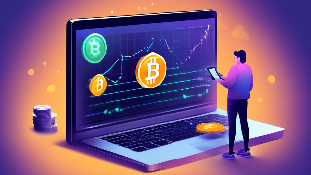 Create an image that illustrates a clear, step-by-step guide for starting with demo trading in cryptocurrencies. The image should feature:

1. A computer or smartphone screen displaying a popular cryptocurrency trading platform