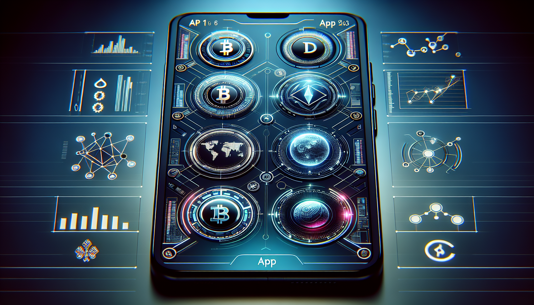 Generate an image depicting a modern, high-tech interface of a cryptocurrency trading app on a smartphone screen. Highlight five distinct, sleek app icons representing the top five best crypto trading applications of 2023. Each app icon should have a unique stylized graphic and color scheme, with labels like App 1, App 2, etc. In the background, include subtle graphics of cryptocurrency symbols, charts, and graphs to emphasize the context of trading and digital assets. The overall mood should be futuristic and professional.
