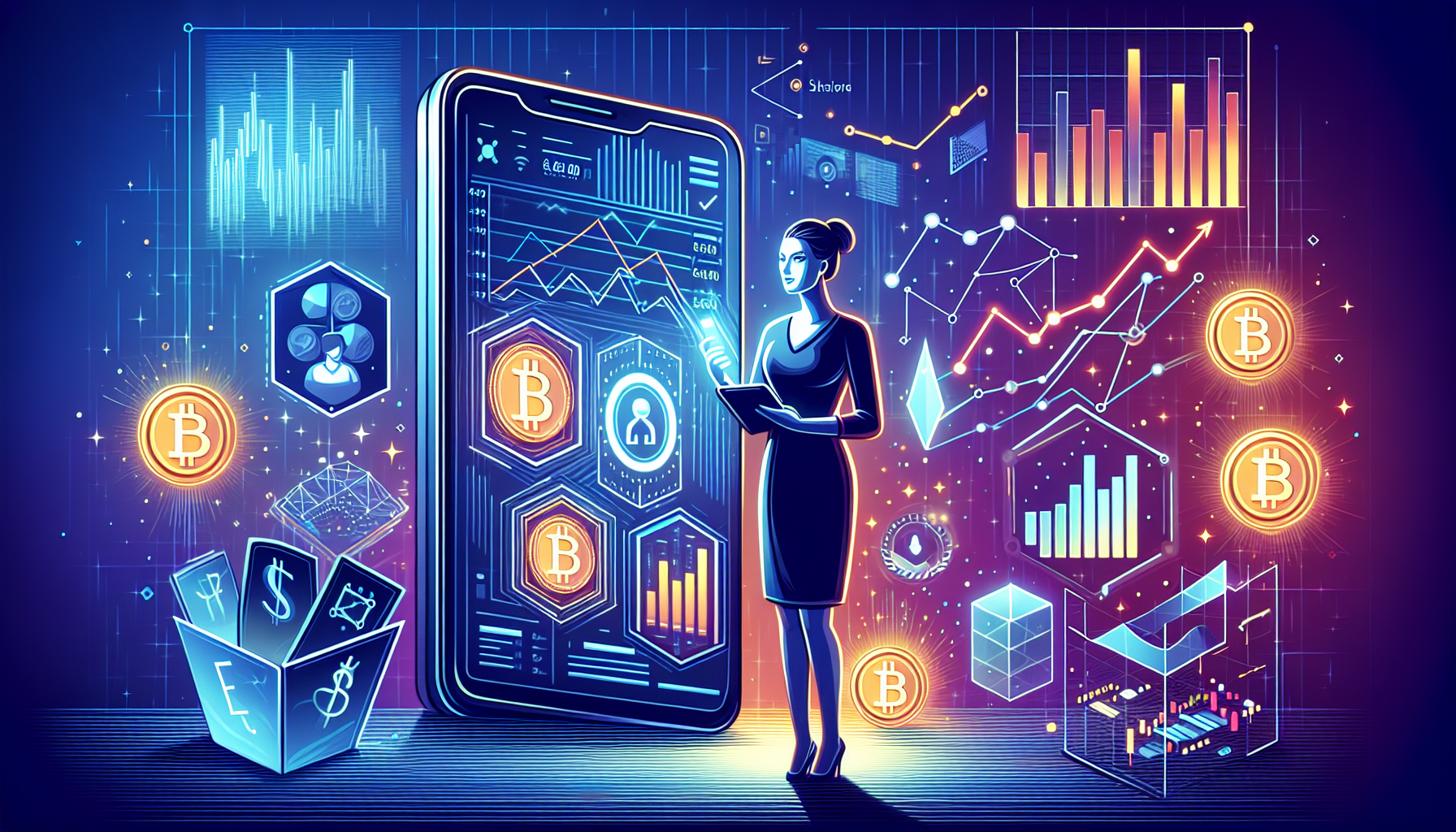 Create an image that showcases the benefits of using the best crypto trading apps: A modern, sleek smartphone screen displaying a user-friendly crypto trading app interface filled with real-time analytical tools and data charts, with icons symbolizing efficiency, time-saving, and enhanced user experience. In the background, a trader is confidently managing their trades in a seamlessly organized and accessible digital environment.