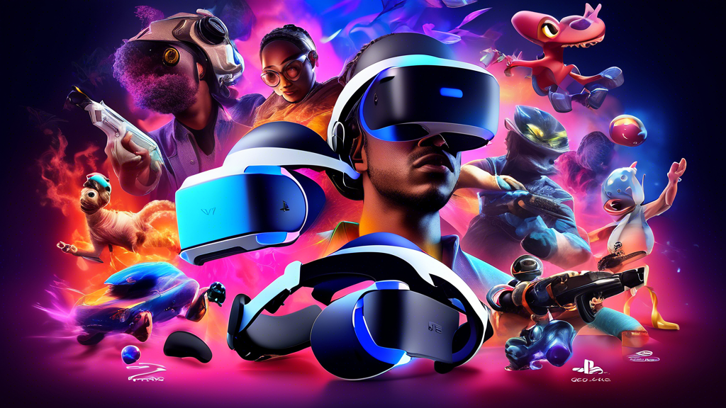 Create an image featuring a vibrant collage of various top-tier exclusive games available on PSVR2. Include popular characters from these games immersed in virtual reality environments. Showcase the sleek design of the PSVR2 headset prominently in the foreground, connected to a PS5 console. In the background, hint at additional game covers and upcoming titles to emphasize the robust and growing game library.