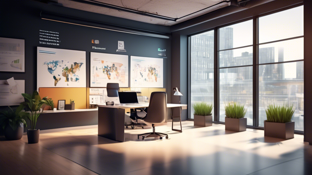 Create an image of a modern, stylish office space where a professional is offering consulting services. The scene should show a laptop open with a professional network profile page visible, charts and graphs on the walls indicating marketing and financial analytics, and the consultant engaging with a client across the desk. The environment should exude professionalism, with subtle branding elements of social media platforms like LinkedIn or Twitter visible on the laptop or in the decor. The setting should reflect high-demand, lucrative freelance services like marketing and financial consulting.