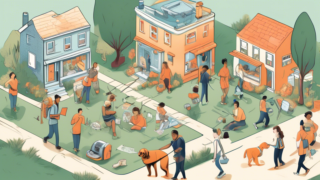 Create a DALL-E prompt for the third point of the outline:

An illustration showing various traditional offline money-making activities such as a person tutoring a student, someone fixing a household appliance as a handyman, and a person walking dogs as a pet sitter. Include elements like flyers on community boards, word-of-mouth exchanges, and a backdrop of a busy suburban neighborhood to emphasize local promotion of services.
