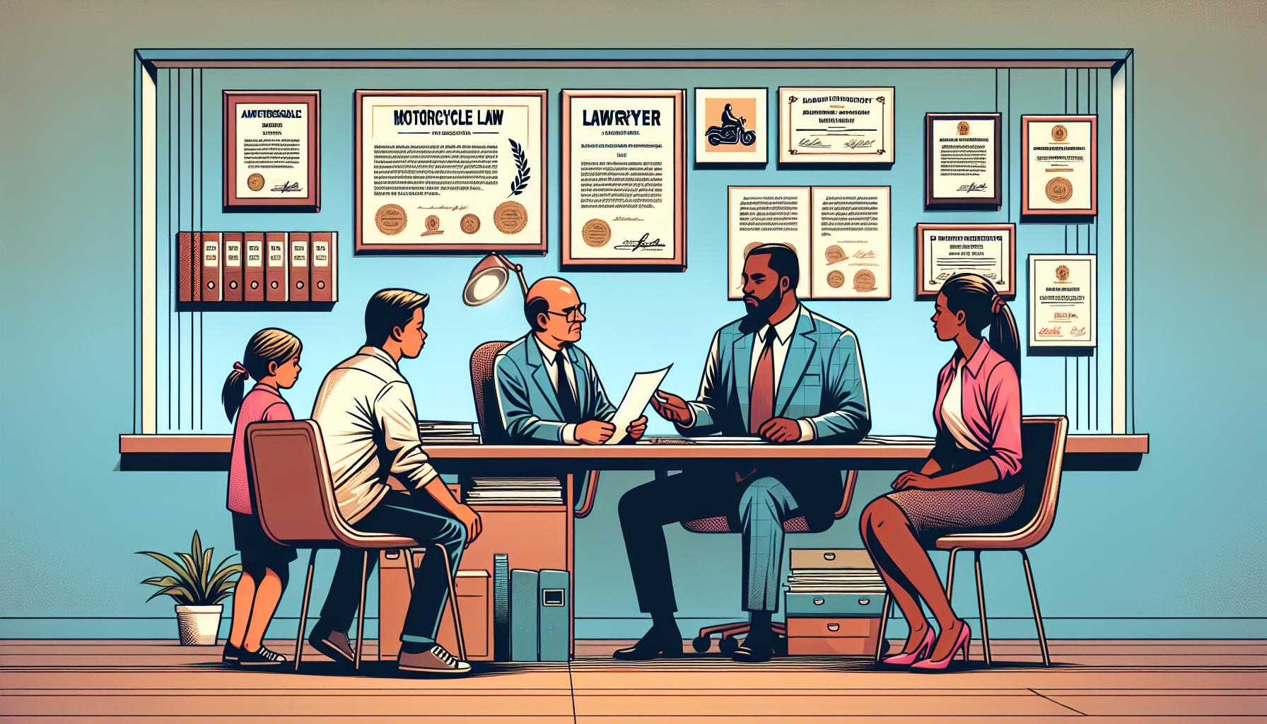 An illustration showing a meeting between a family and a lawyer in an office setting, focusing on a warm and empathetic consultation. The lawyer is displaying charts and documents that highlight his extensive experience and outstanding track record in motorcycle law. The walls of the office are adorned with certificates of qualifications and positive client testimonials, and the family is attentively listening, showing a mixed expression of hope and grief.