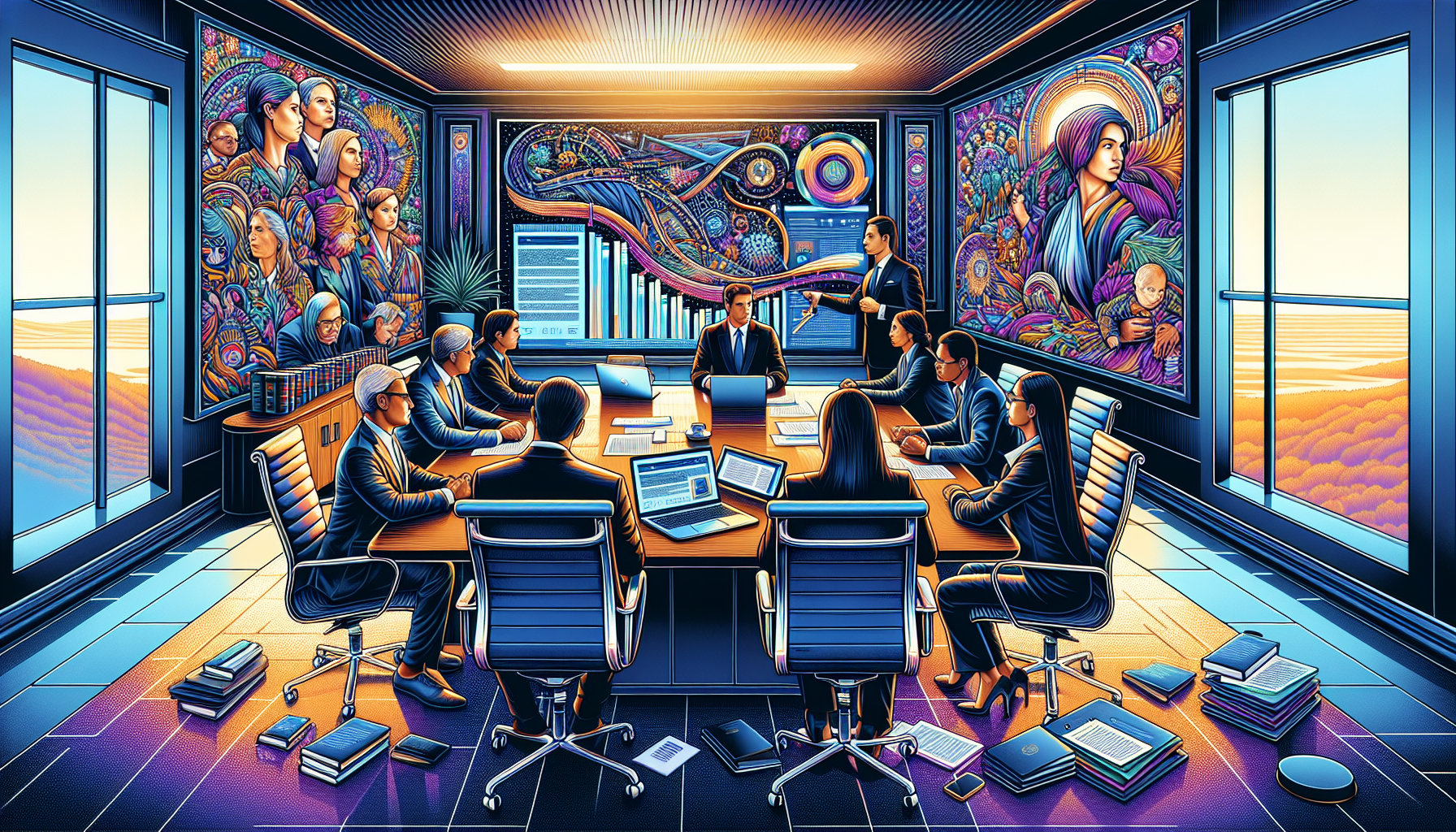 Detailed illustration of a professional and somber meeting room where a family is consulting with a group of focused motorcycle death lawyers, surrounded by legal documents, a laptop displaying motorcycle laws, and a visible timeline chart showing the legal steps in a motorcycle death case.