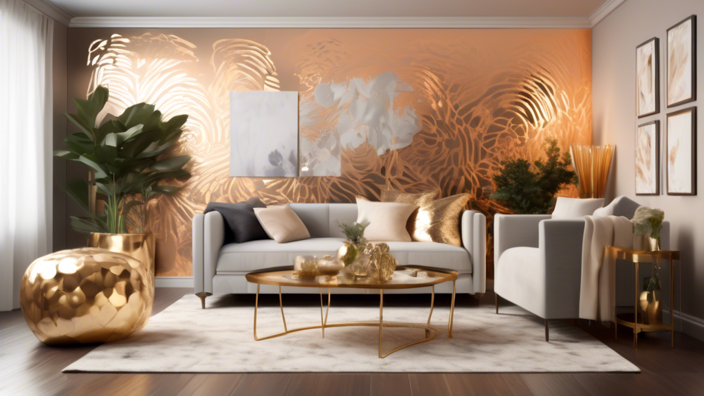 Create an image of a cozy living room with a modern aesthetic featuring various applications of elegant accent foils. Show metallic and patterned foils on an accent wall, a coffee table, and small decor items like vases and picture frames. Include a step-by-step guide being followed, with hands applying foil to a surface, illustrating the technique, and tools needed. The room should exude warmth and style, highlighting how accent foils can transform a space beautifully.