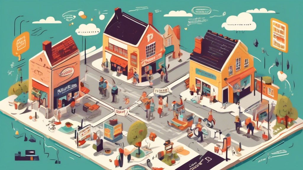 An illustrated map of a small town, pinpointing various local printing shops, each marked by a tiny printer icon. The map is adorned with cartoonish characters—a business owner, a couple, and a student—visiting different print shops. Visible above each shop are thought bubbles showing key aspects such as 