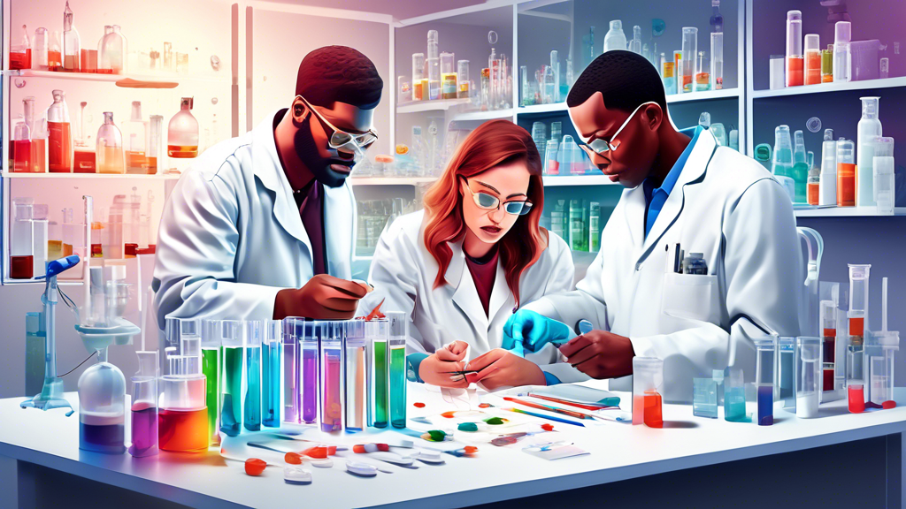 Create an artistic illustration depicting a scientific lab where researchers are analyzing the effectiveness of the Bytox Hangover Patch compared to other hangover relief methods. Include visual elements such as test tubes, data charts, and a diverse group of scientists discussing their findings, with packets of Bytox Hangover Patch visibly displayed.
