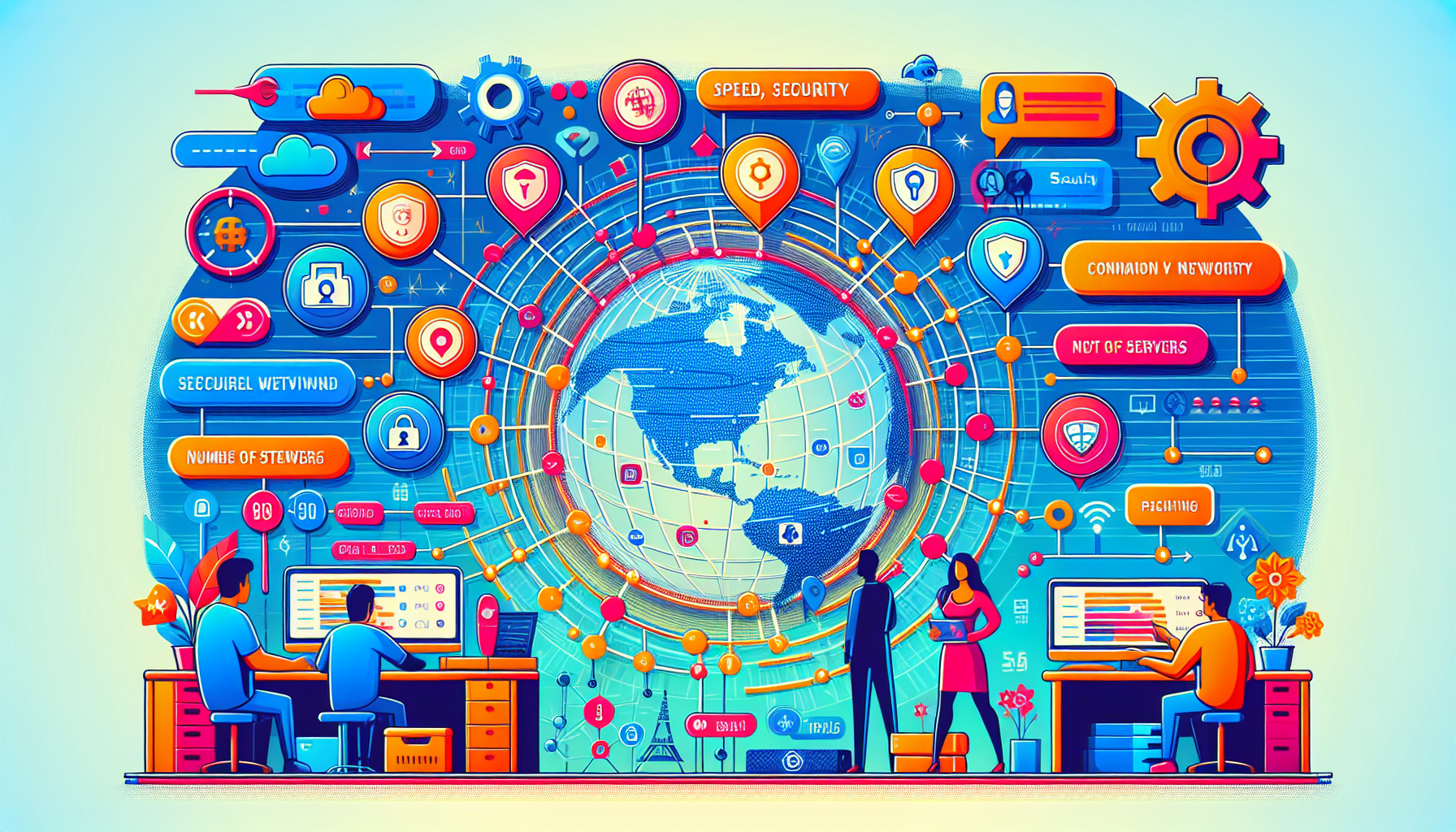 Illustration of a decision-making process for selecting the best VPN in 2023. The image should feature a diverse group of users (e.g., travelers, streamers, gamers) analyzing various factors like speed, security, number of servers, and price on a digital interface. Each user type should have icons or symbols representing their needs and preferences. The backdrop should include a world map and digital symbols indicating global connectivity and security. Vibrant, modern, and tech-focused design to ensure an informative and engaging visual experience.