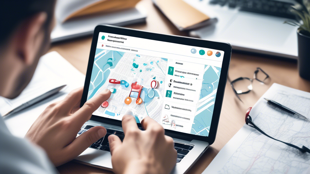 Create an image that shows a person using a laptop or smartphone with a search engine open, looking up DOT physical test near me. The background should feature a map with location pins indicating nearby clinics. Additionally, incorporate icons or small graphics of stethoscopes, medical forms, and a calendar to symbolize health check-ups, documentation, and appointment scheduling.