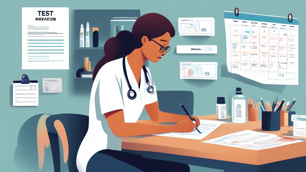 Create an image that depicts a person preparing for a DOT Physical Test appointment. They are seen at a desk organizing documents and medical history records, such as past prescriptions and medical reports. The scene includes items like a calendar with the appointment date circled, a checklist with tips for successful preparation (hydration, proper rest), and a flowchart illustrating the steps of the examination process. Background elements could include a computer, indicating online resources used for preparation, and a serene, clutter-free room suggesting readiness and calmness.