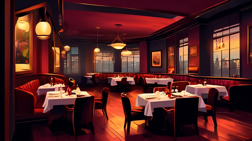 Create an image of a cozy, upscale steakhouse interior in New York City. The scene should feature dim lighting, elegant table settings, and a showcase of mouthwatering steak dishes. The image should evoke a sense of sophistication and fine dining, making viewers eager to explore the top steakhouse recommendations in the area.