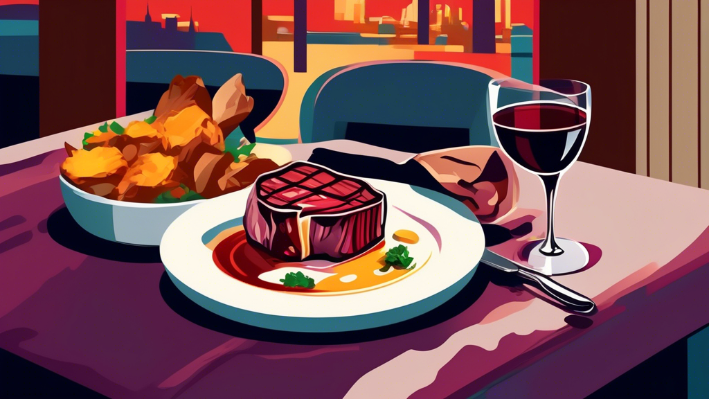Create an image of a beautifully plated prime ribeye steak with a side of loaded baked potato and a glass of red wine, set against the backdrop of a sophisticated and elegant New York steakhouse interior.