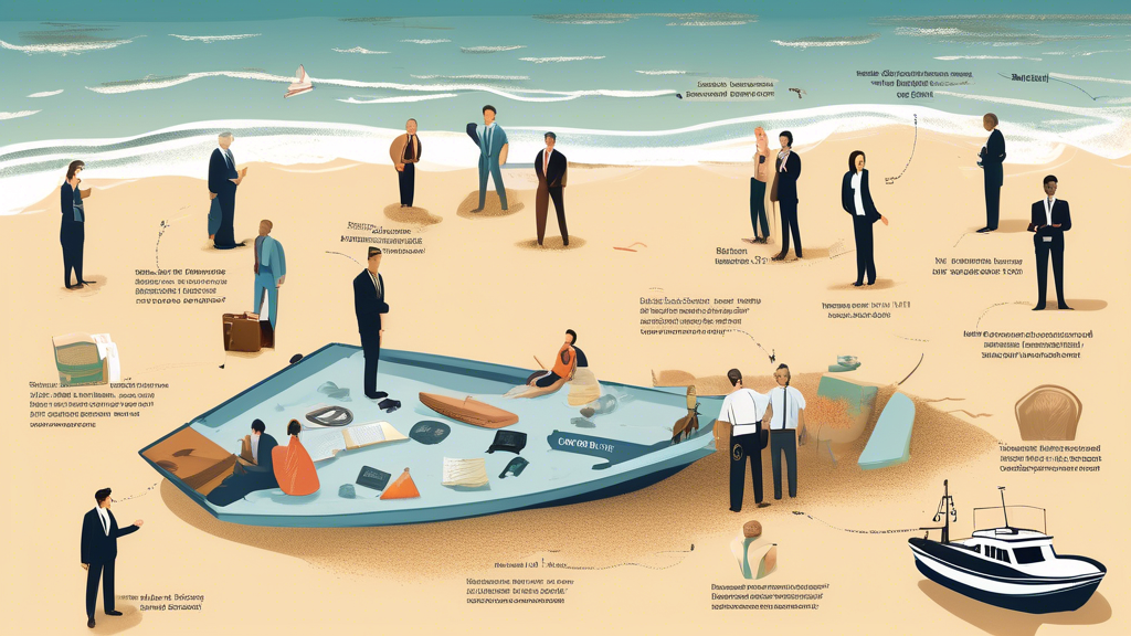 Detailed illustration of a sandy beach accident scene, including a capsized boat and nearby legal professionals assessing the situation. Layer the image with visible client testimonials floating above and communicate through the portrayal of diverse lawyers, showcasing different communication styles with clients on the beach. Highlight these lawyers