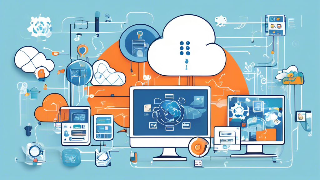 Create an image that shows a detailed, visually engaging step-by-step guide for implementing IBM Cloud, emphasizing security and compliance aspects. Include icons representing various IBM Cloud tools and resources that help optimize cloud usage, all set against a professional, tech-themed background.